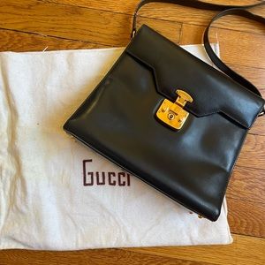 Gucci Top Handle Black Leather  Kelly Bag With Lock | Authentic Vintage